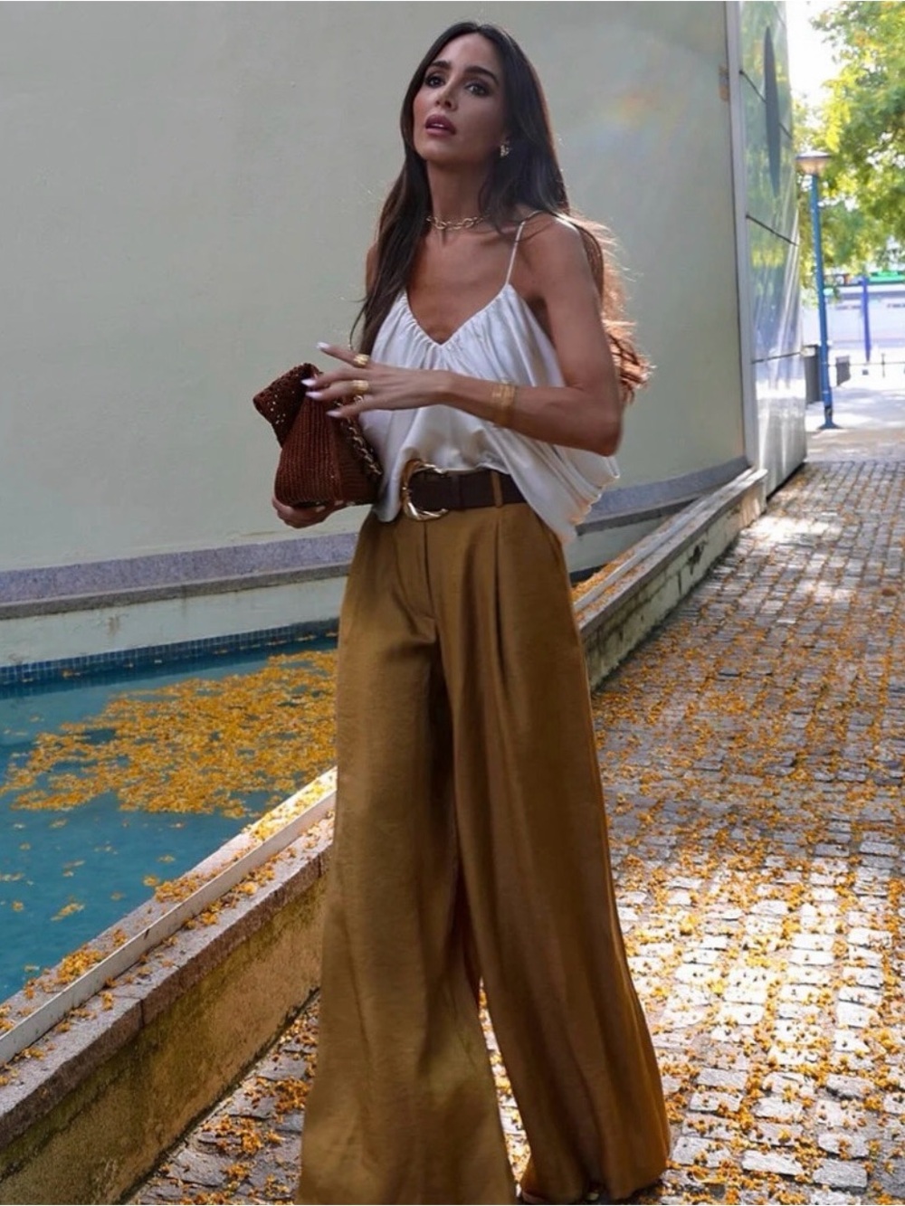 Zara Brown Satin wide leg pants with belt (XS) NWT